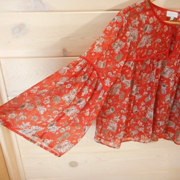 Lucky Brand Womens L Peasant Top Sheer Orange Gray Floral Bell Sleeve Boho Shirt - Picture 2 of 10